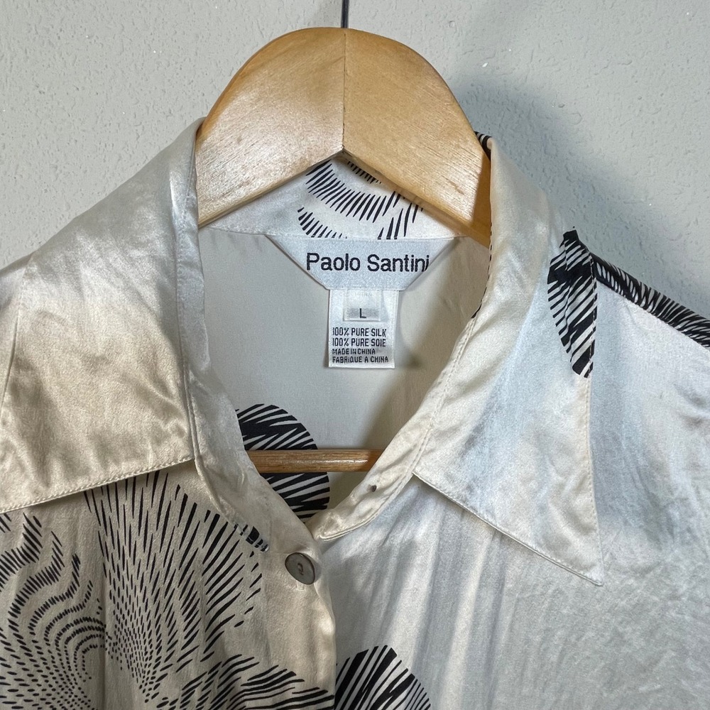 Paolo Santini Silk Blouse Women L Ivory Black Floral Button Down Long Sleeve Top - Picture 3 of 6